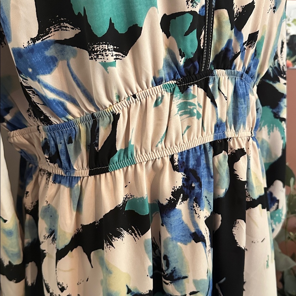 PrettyGarden Floral Blue cream Black watercolor vneck long sleeve XL Maxi Dress - Picture 6 of 16
